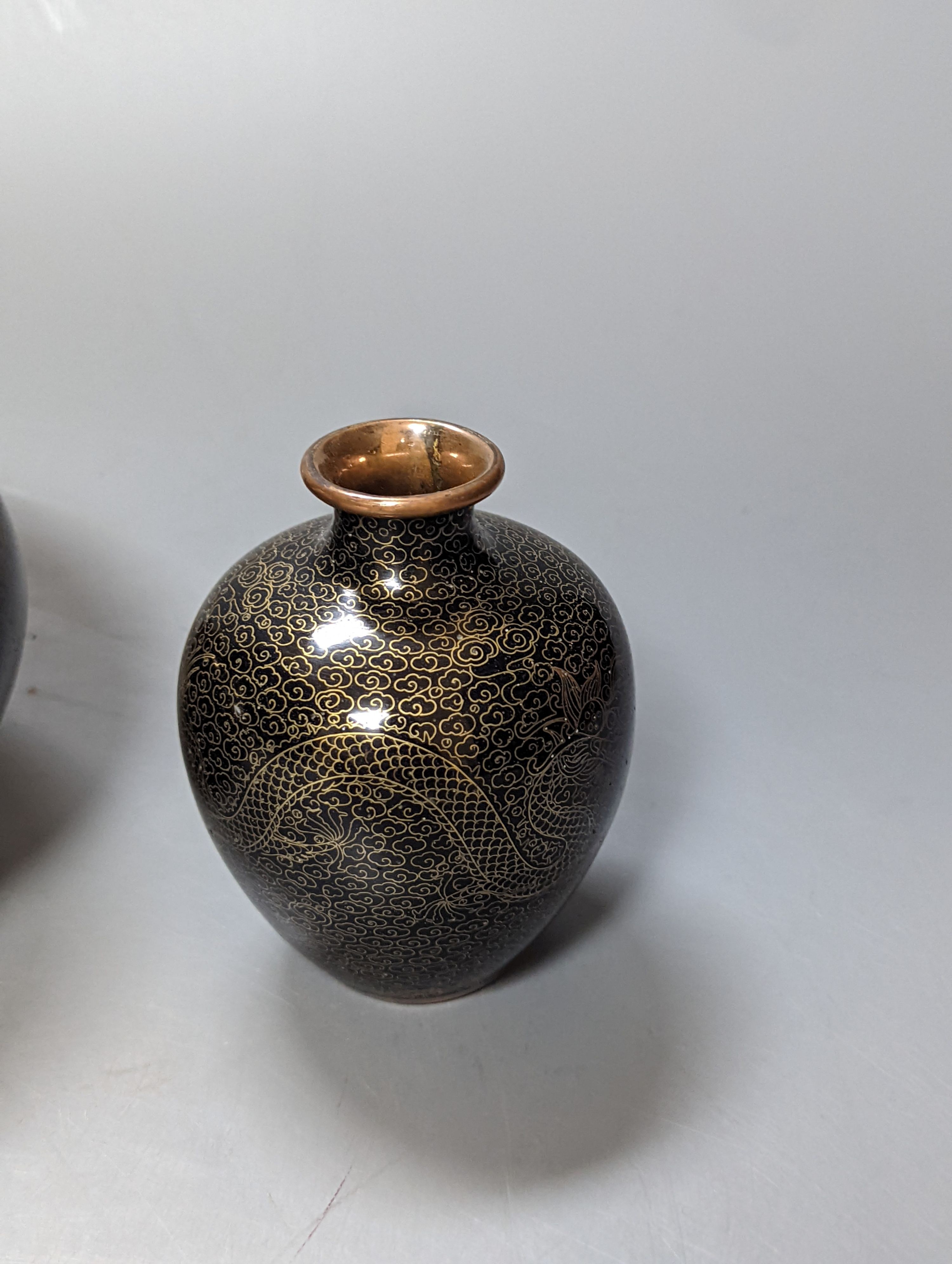 Two Chinese cloisonné enamel vases and a Japanese cloisonne vase (3), tallest 13 cms high.